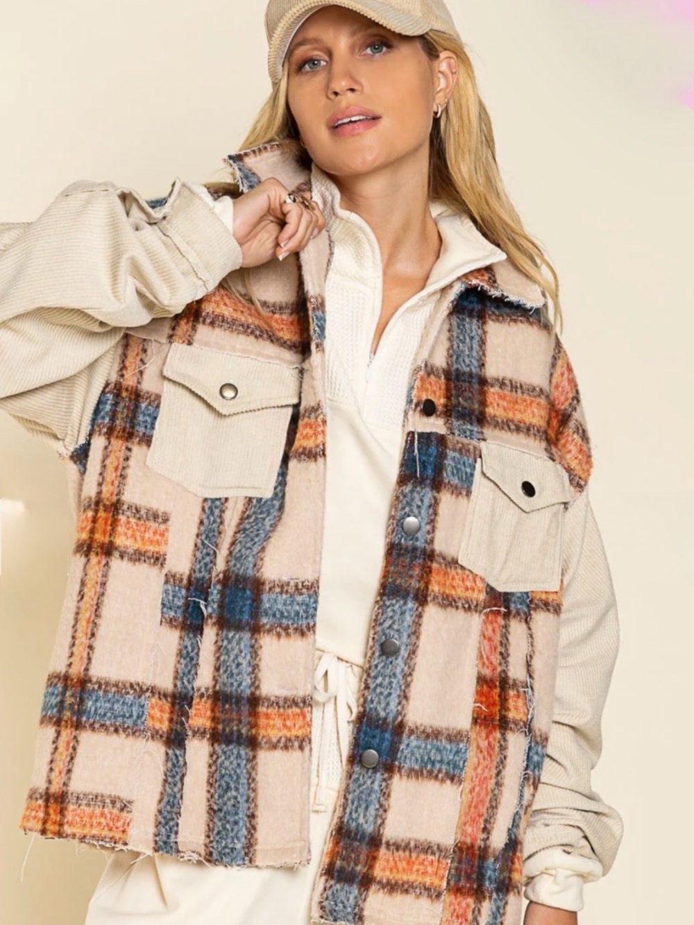 POL Collared Button Down Plaid Shacket, Contrast Sleeve,  Frayed Edge Detail - Picture 3 of 3
